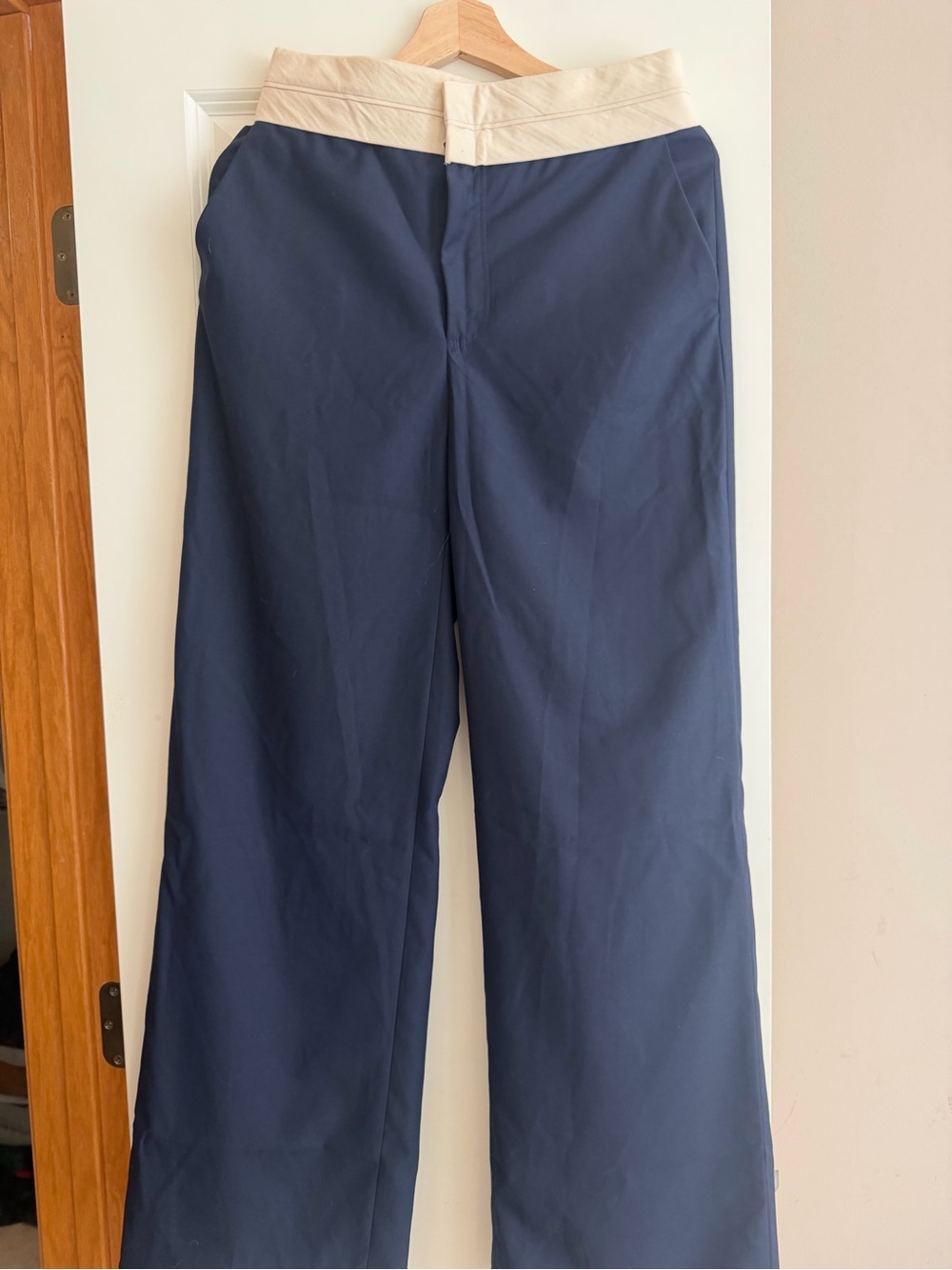 Navy Wide-Leg women’s  Pants with Cream Waistband